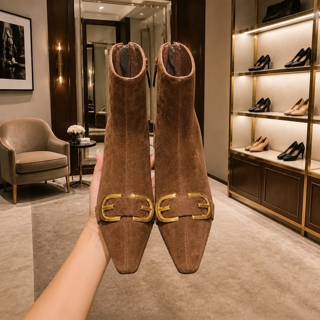 Brown Suede Gold Buckle Pointed-Toe Ankle Boots