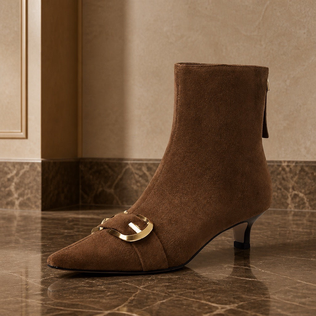 Brown Suede Gold Buckle Pointed-Toe Ankle Boots