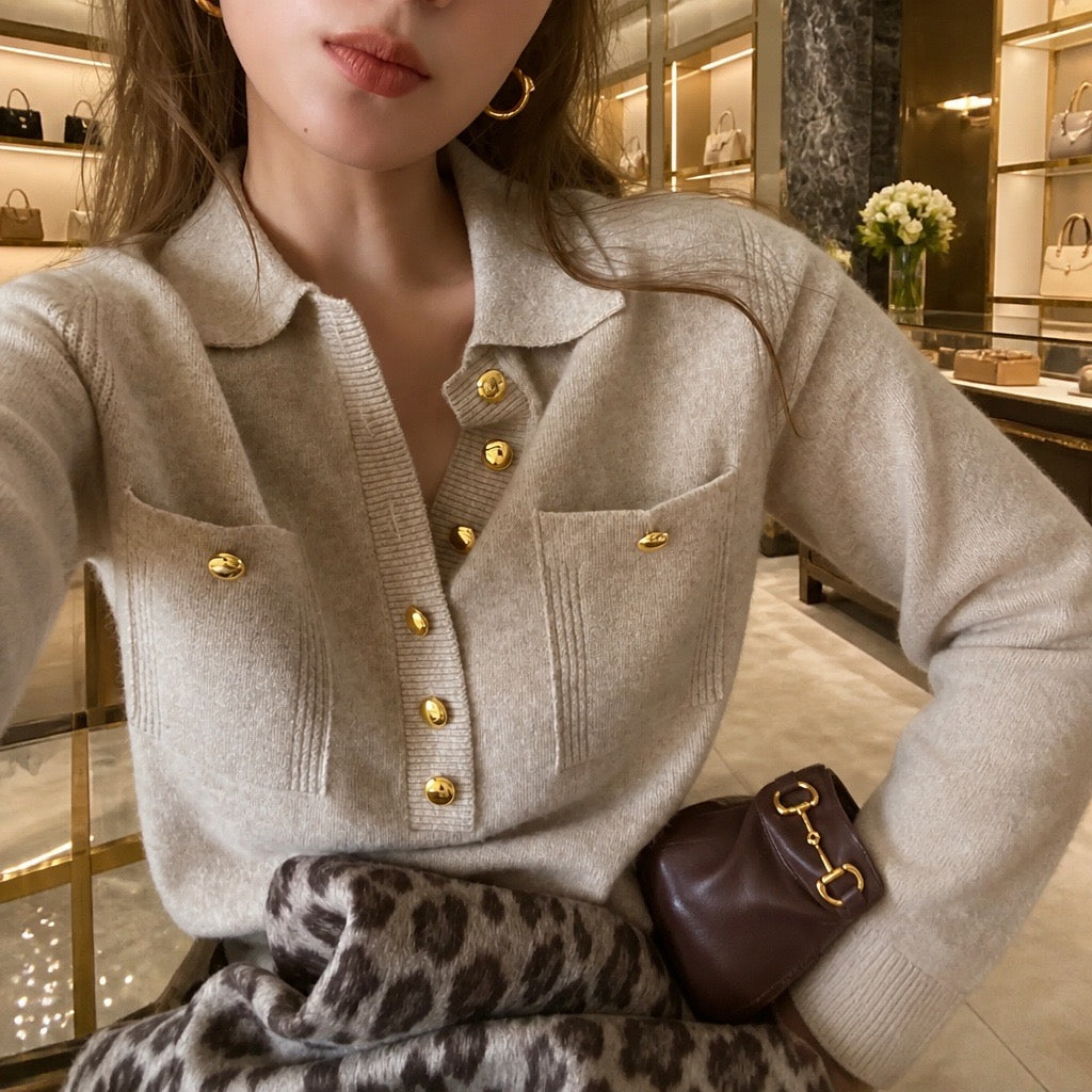 Oatmeal Gold Button Knit Cardigan