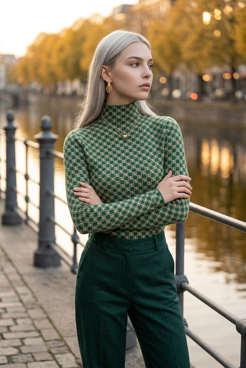 Green Monogram Jacquard Turtleneck Knit Sweater