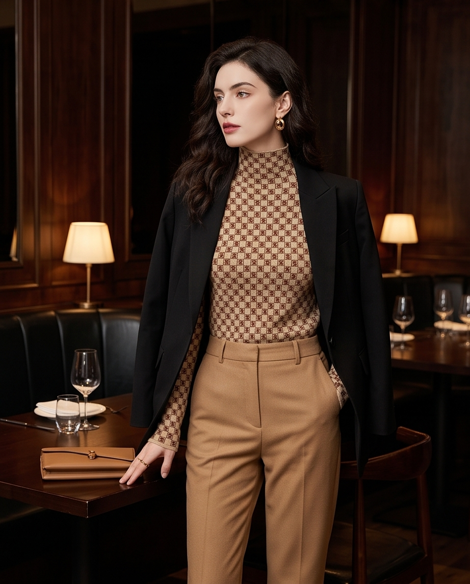Beige Monogram Check Half-Turtleneck Knit Top