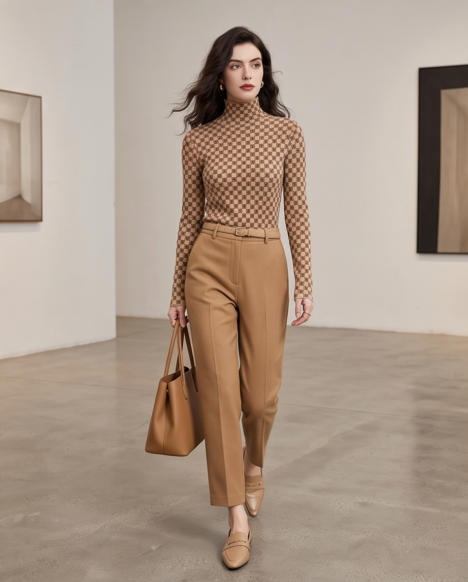 Beige Monogram Check Half-Turtleneck Knit Top
