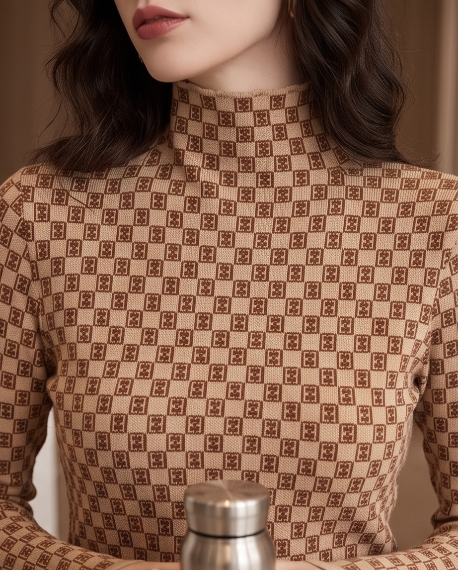 Beige Monogram Check Half-Turtleneck Knit Top