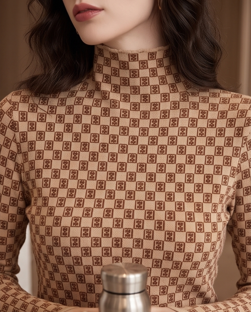 Beige Monogram Check Half-Turtleneck Knit Top