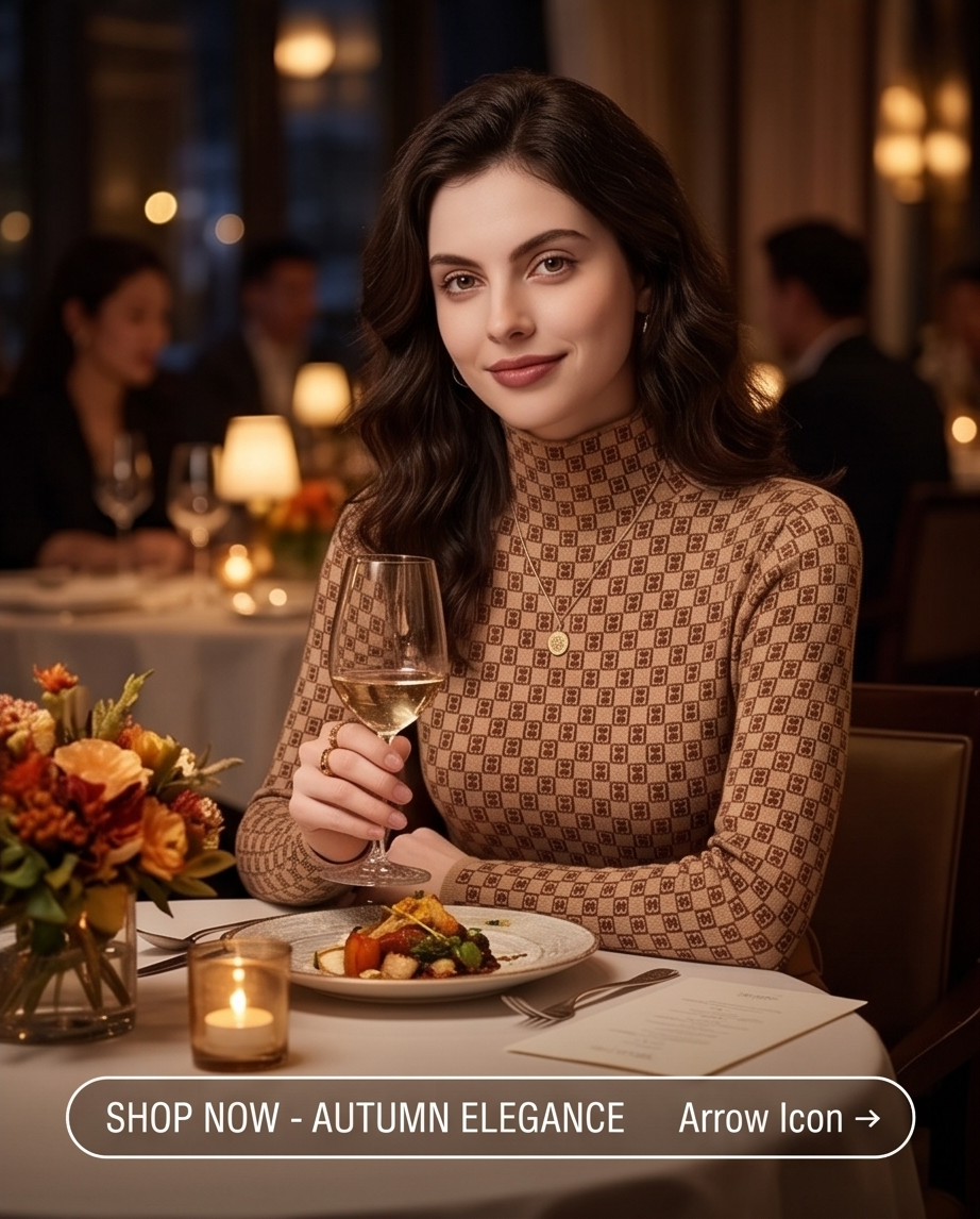 Beige Monogram Check Half-Turtleneck Knit Top