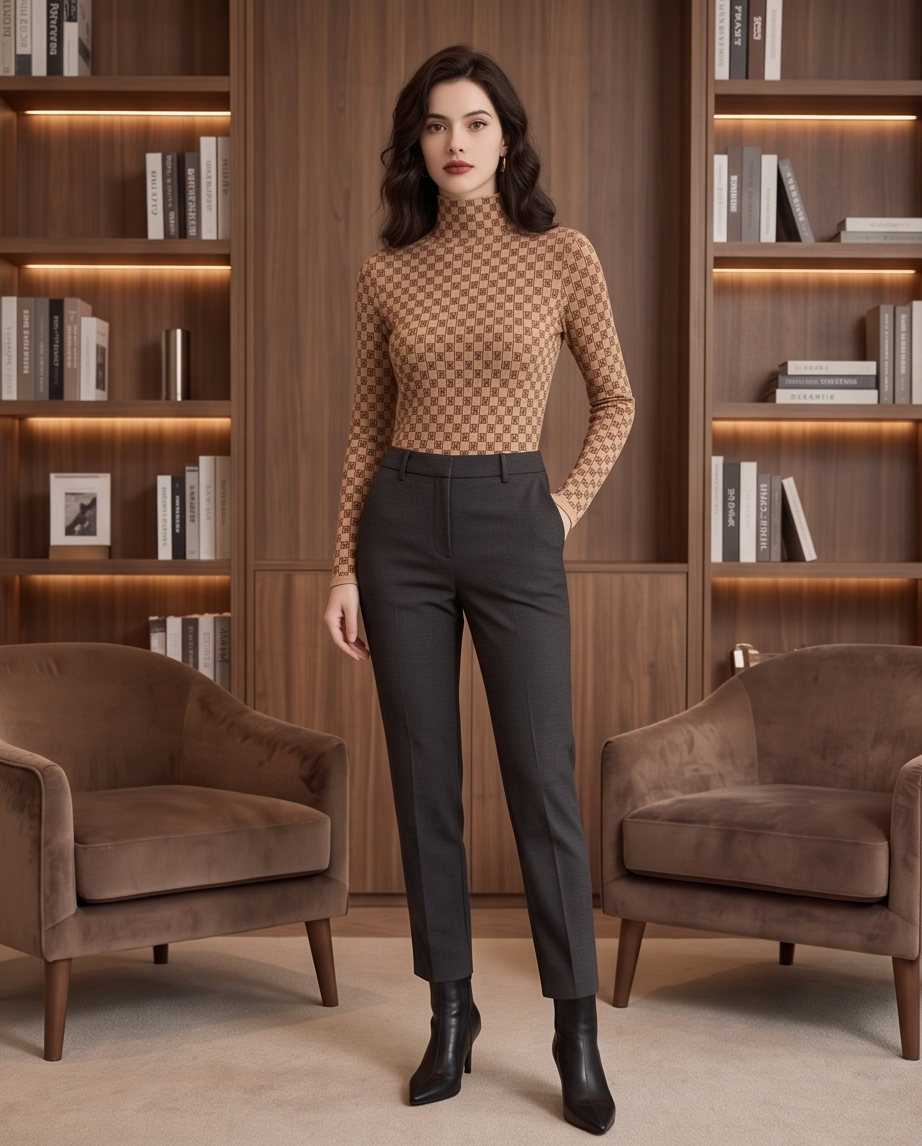 Beige Monogram Check Half-Turtleneck Knit Top