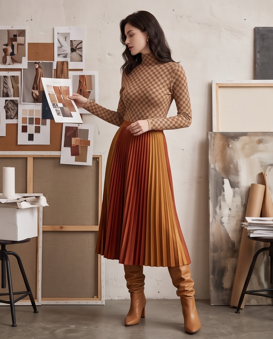 Beige Monogram Check Half-Turtleneck Knit Top