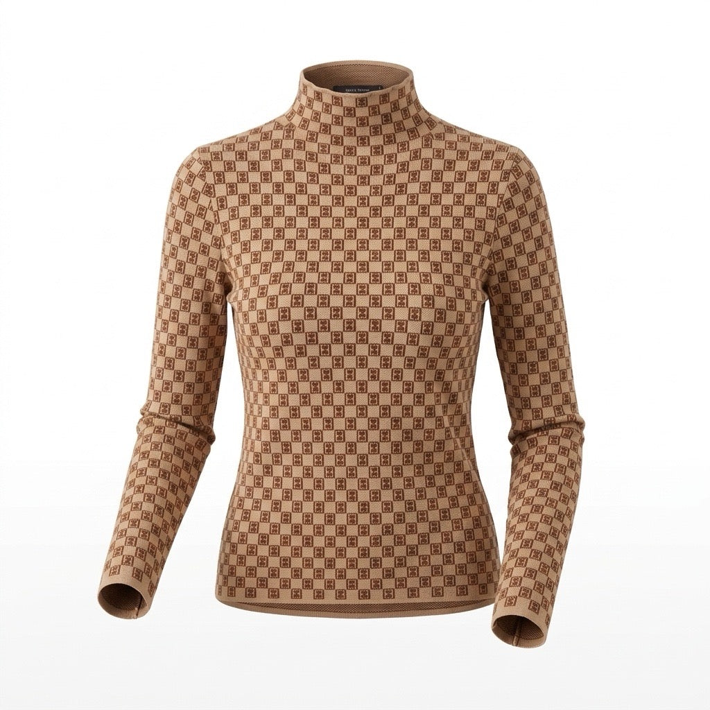 Beige Monogram Check Half-Turtleneck Knit Top