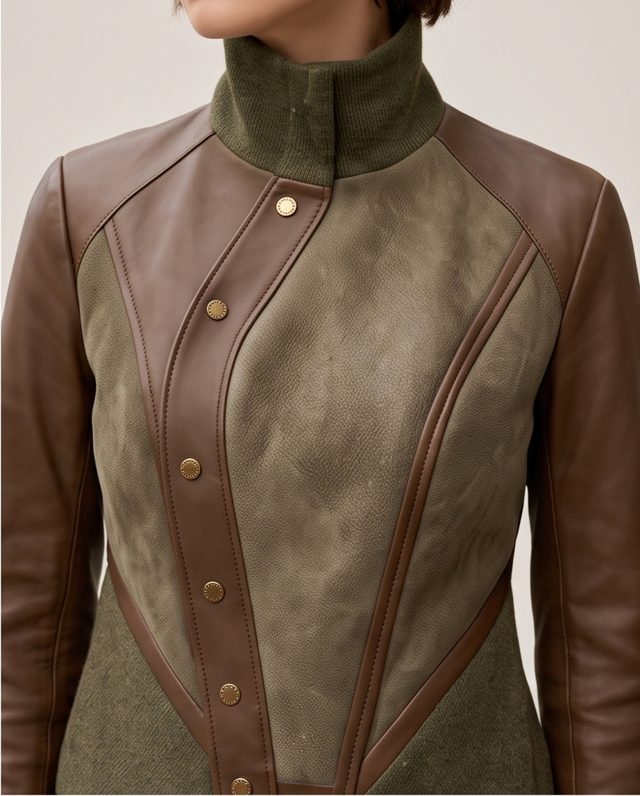 Olive and brown equestrian mixed-media jacket with gold snap buttons
