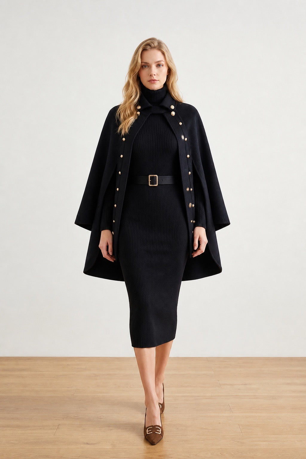 A woman models a black knit turtleneck dress with a matching black cape jacket featuring gold buttons, a black belt, and brown pointed-toe heels, set against a neutral studio background.