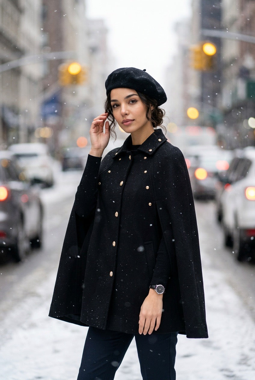 A woman stands on a snowy city street wearing a black wool cape coat with gold buttons, a black beret, and dark pants. The background shows blurred city buildings, cars, and falling snow.