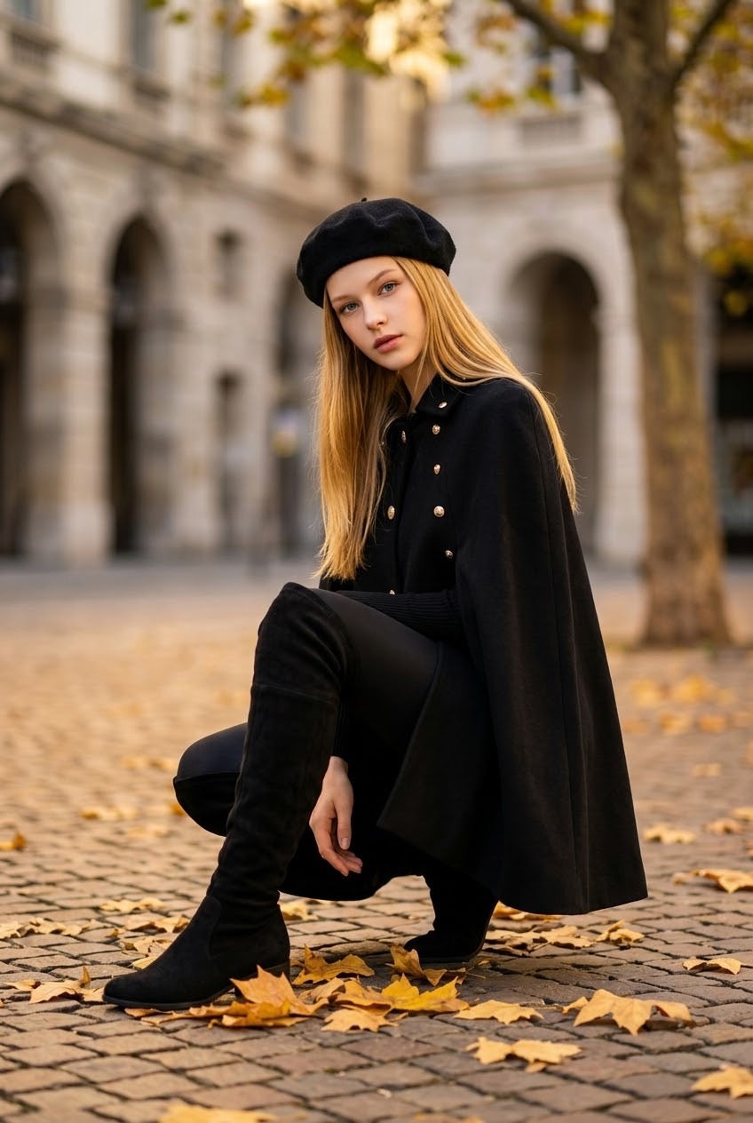 A woman crouches on a cobblestone street in a city, wearing a black beret, a black military-style cape jacket with gold buttons, black pants, and black over-the-knee boots. Fallen yellow leaves are scattered on the ground, and a blurred stone building and tree stand in the background.