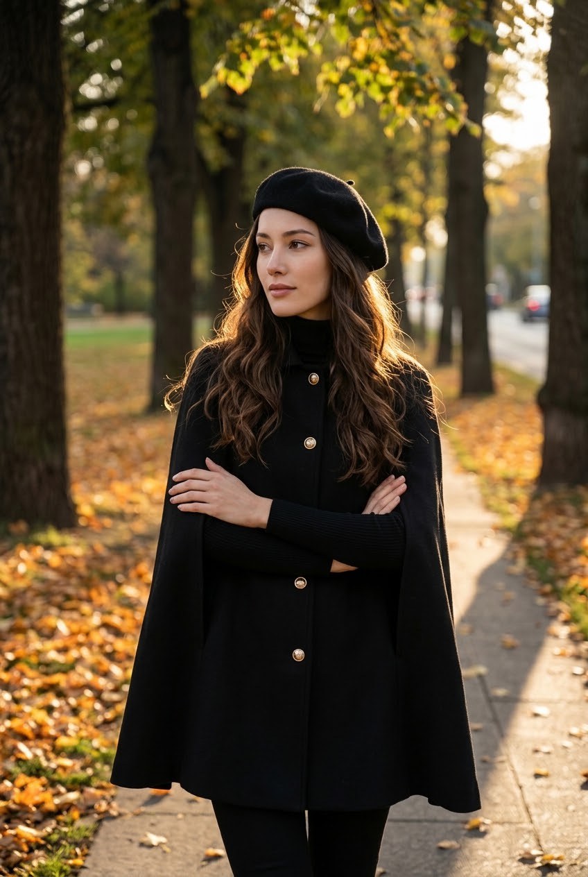 A woman wearing a black wool cape coat with gold buttons, a black beret, and black pants stands on a sidewalk in an autumn park with fallen leaves and trees in the background.