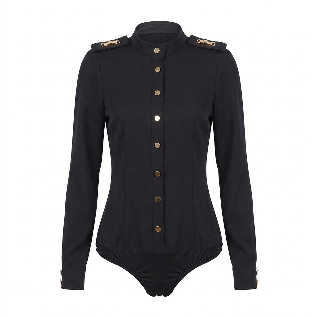 Black Military Epaulette Button-Down Bodysuit - close-up of gold buttons and cuffs