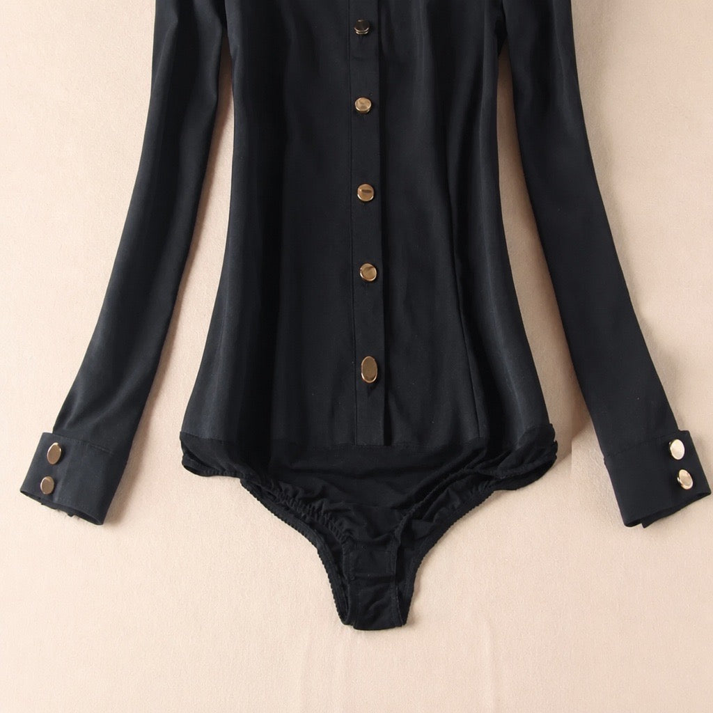 Wisteria & Co. size chart for Black Military Epaulette Bodysuit - S to 4XL