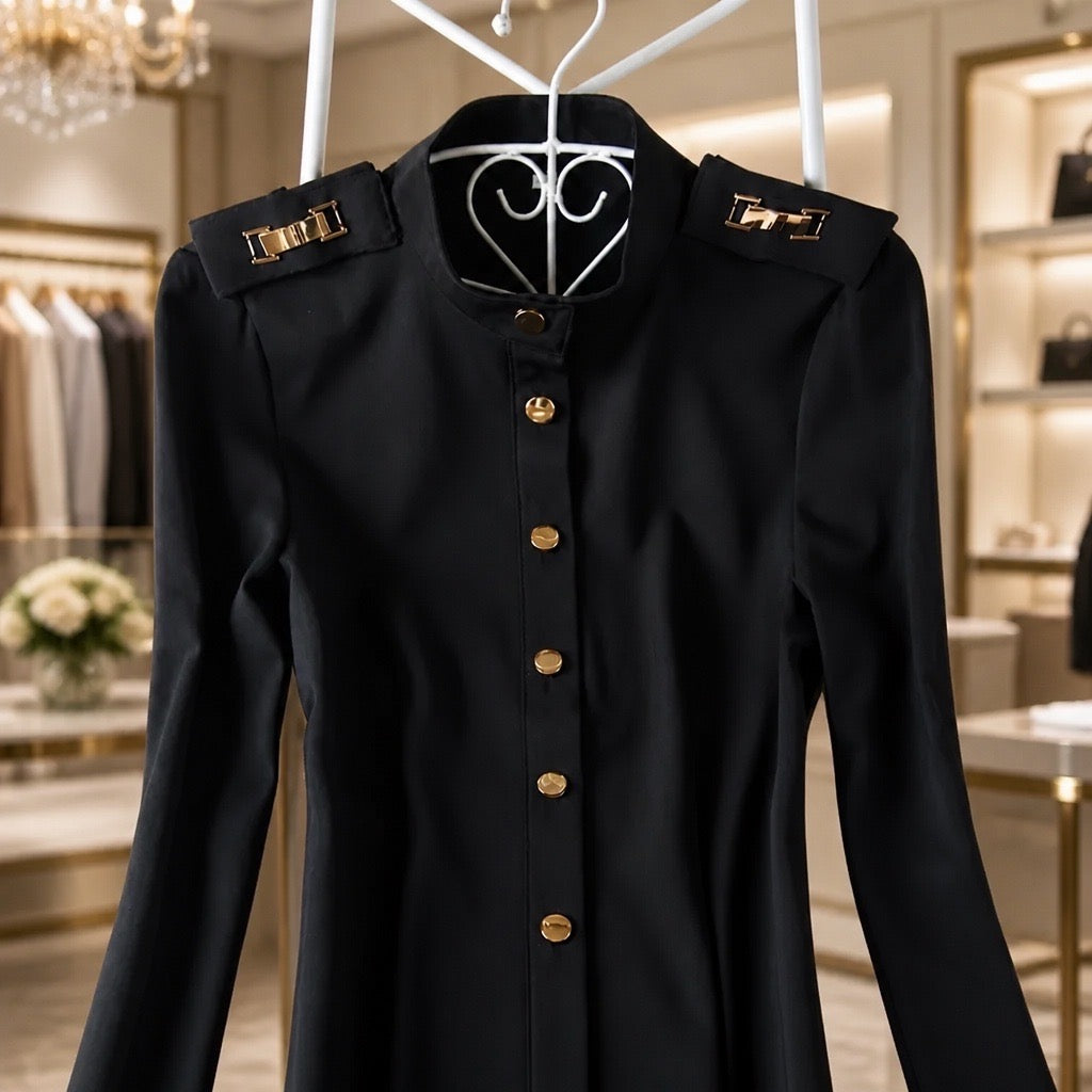 Black Military Epaulette Button-Down Bodysuit - front view on white background