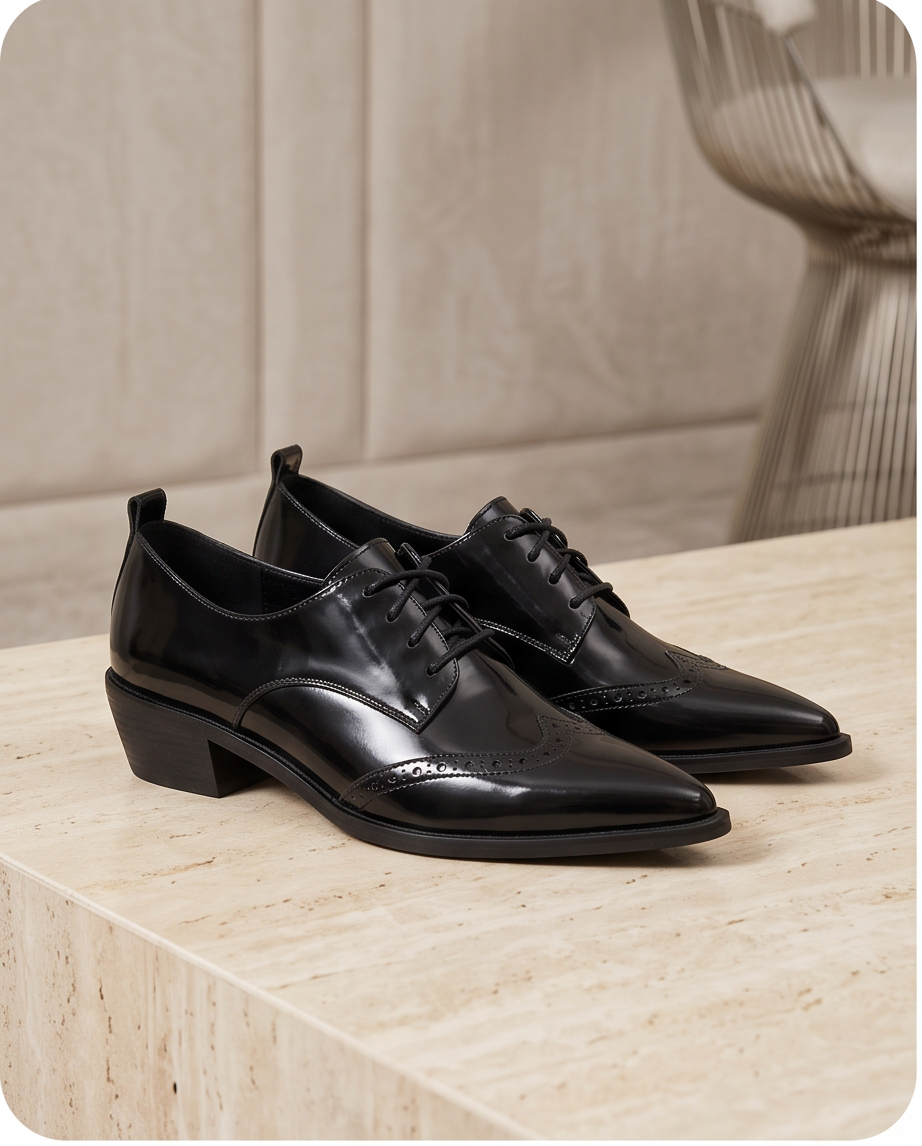 Black Brogue Oxford Lace-Up Block Heel