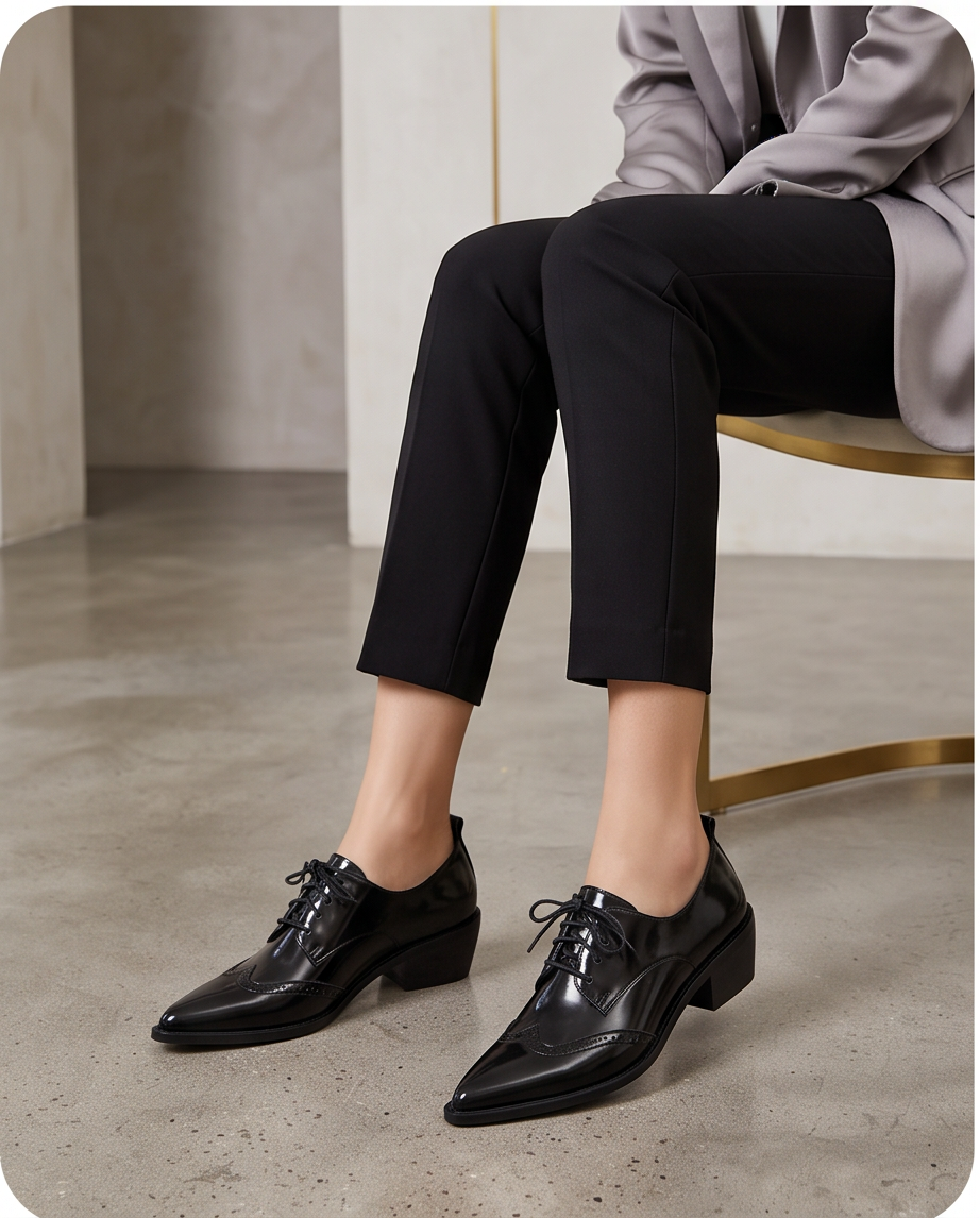 Black Brogue Oxford Lace-Up Block Heel