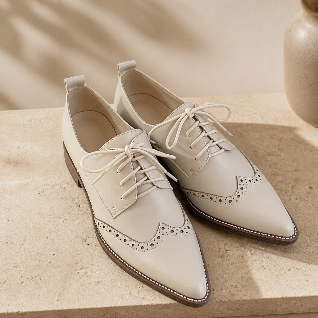 Cream Brogue Oxford Lace-Up Block Heel