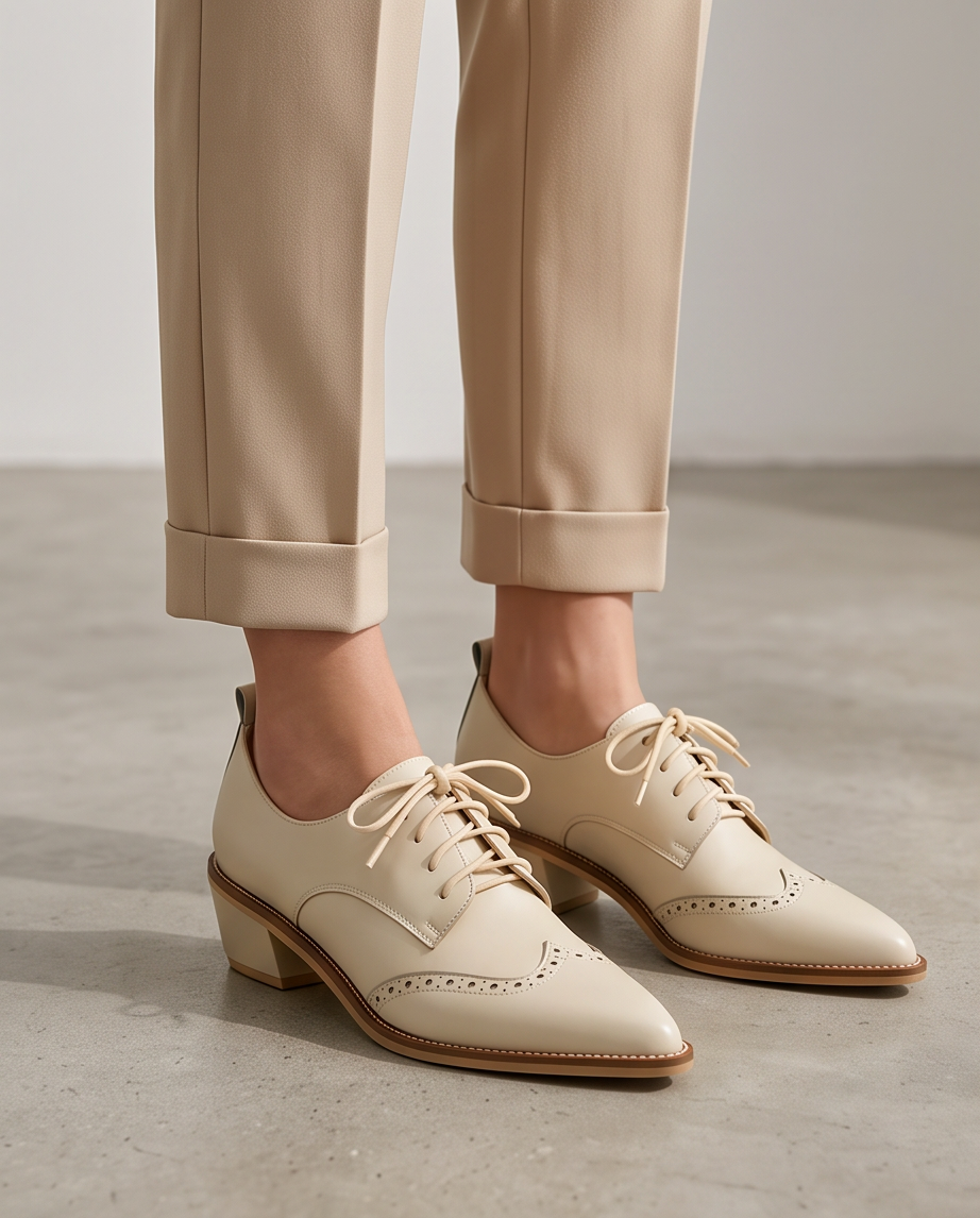 Cream Brogue Oxford Lace-Up Block Heel