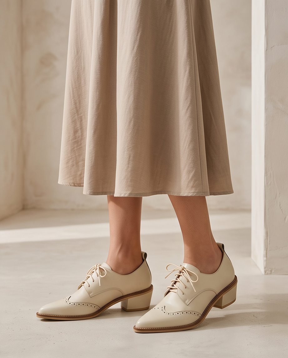Cream Brogue Oxford Lace-Up Block Heel