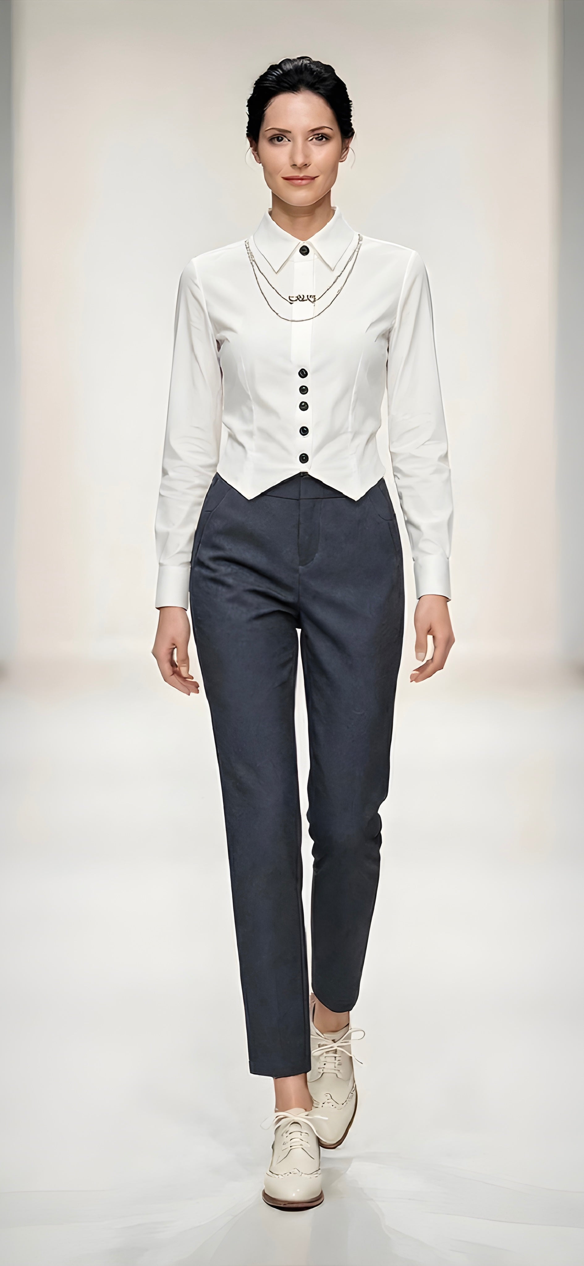 Cream Brogue Oxford Lace-Up Block Heel