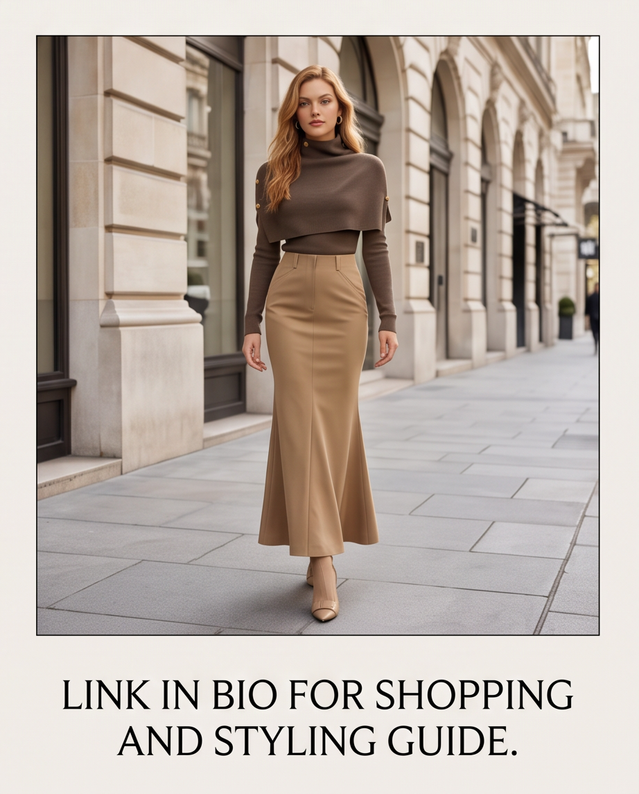Mocha Cape-Overlay Button-Shoulder Knit Sweater