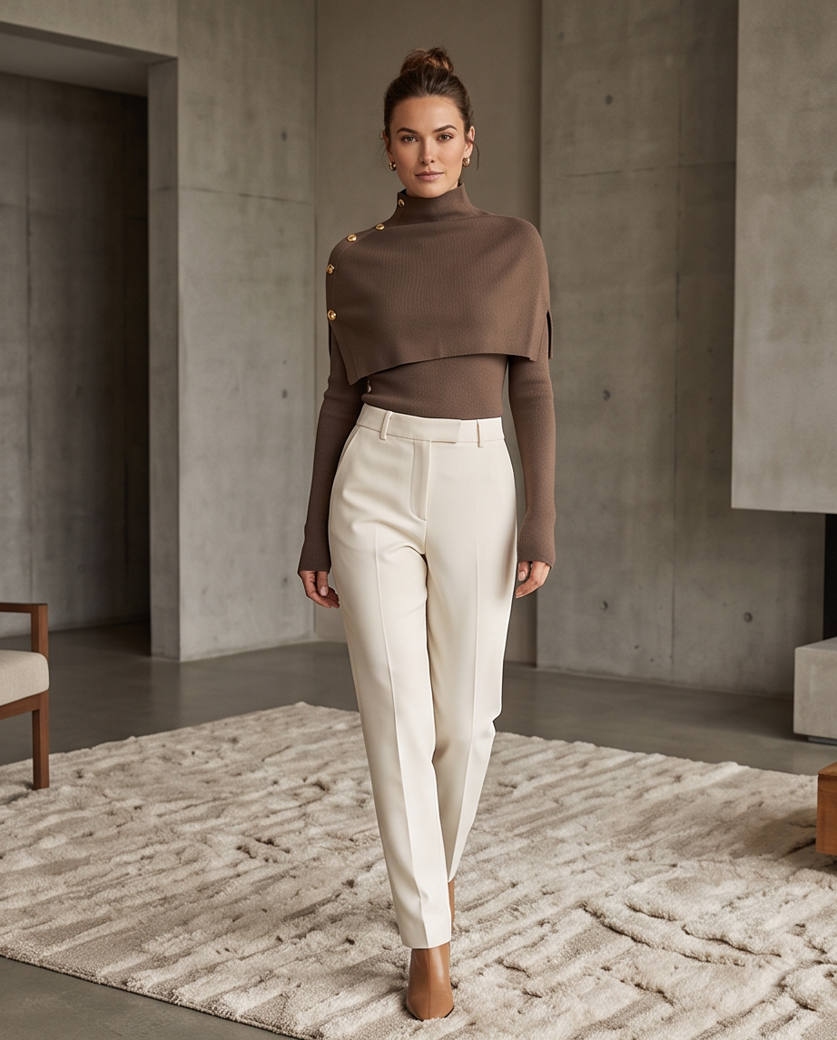 Mocha Cape-Overlay Button-Shoulder Knit Sweater