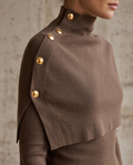Mocha Cape-Overlay Button-Shoulder Knit Sweater