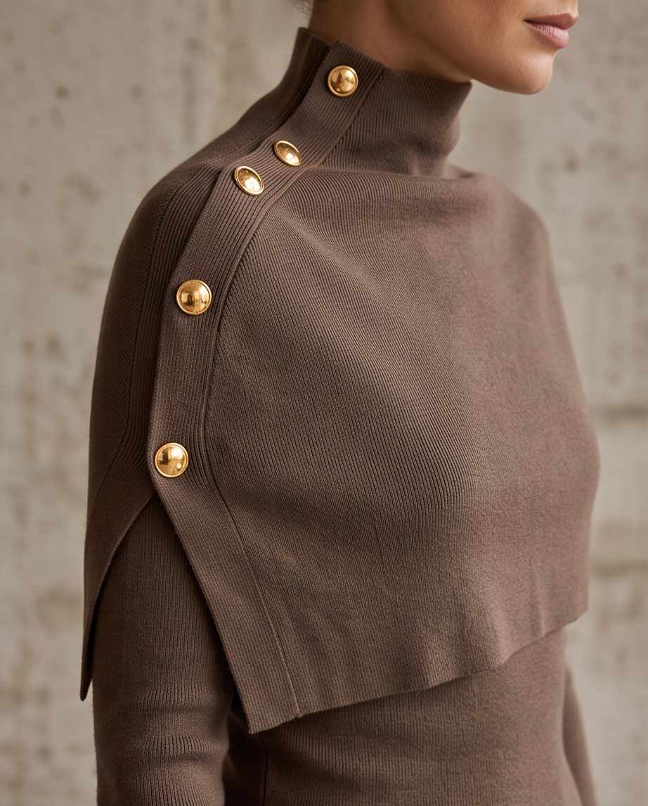 Mocha Cape-Overlay Button-Shoulder Knit Sweater