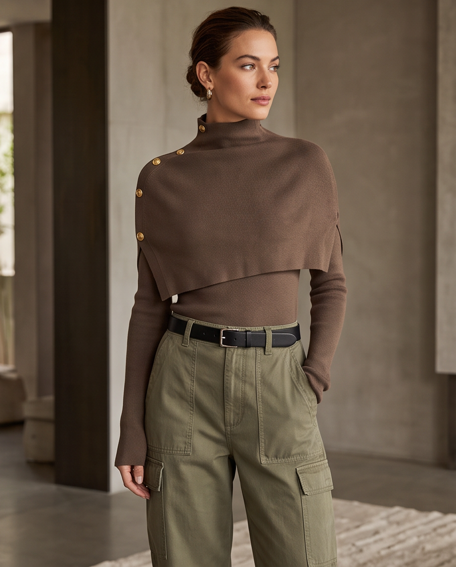 Mocha Cape-Overlay Button-Shoulder Knit Sweater