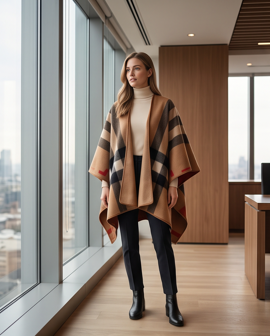 Reversible Camel Heritage Check Cape Wrap