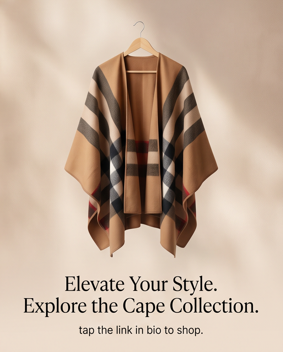 A beige open-front cape-style cardigan with a classic plaid check pattern in brown, black, white, and red, hanging on a wooden hanger against a warm beige background with soft leaf shadows. Text below reads: 'Elevate Your Style.