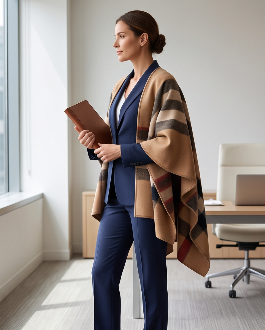 Reversible Camel Heritage Check Cape Wrap