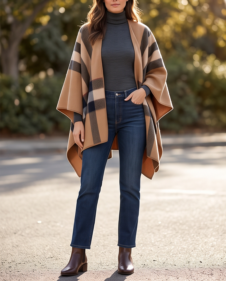 Reversible Camel Heritage Check Cape Wrap