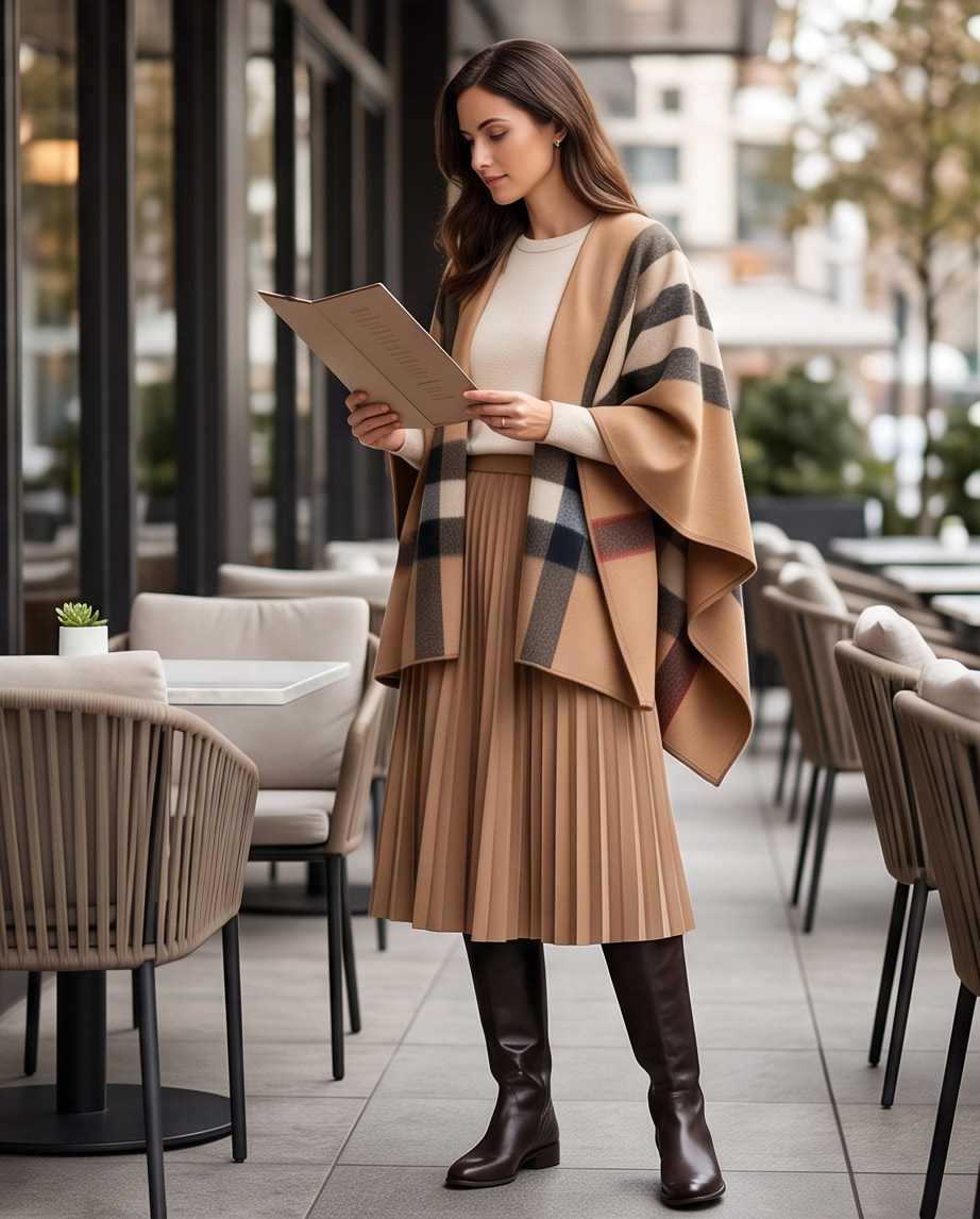 Reversible Camel Heritage Check Cape Wrap