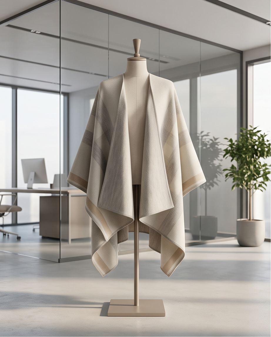 Reversible Camel & Blue Stripe Check Poncho Cape
