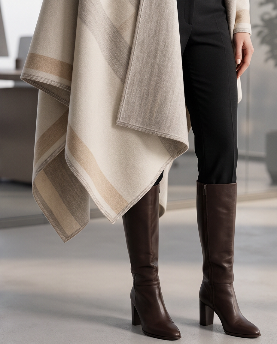 Reversible Camel & Blue Stripe Check Poncho Cape
