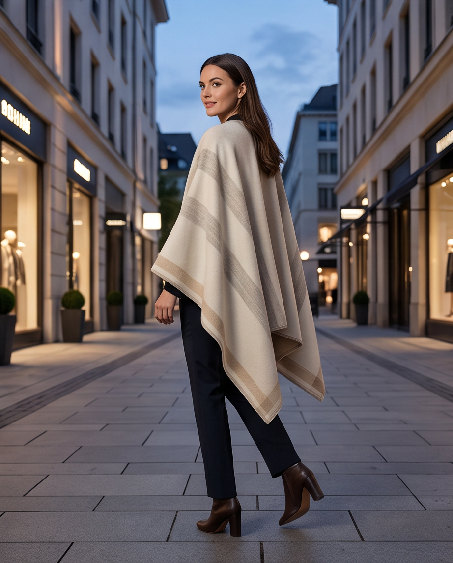 Reversible Camel & Blue Stripe Check Poncho Cape