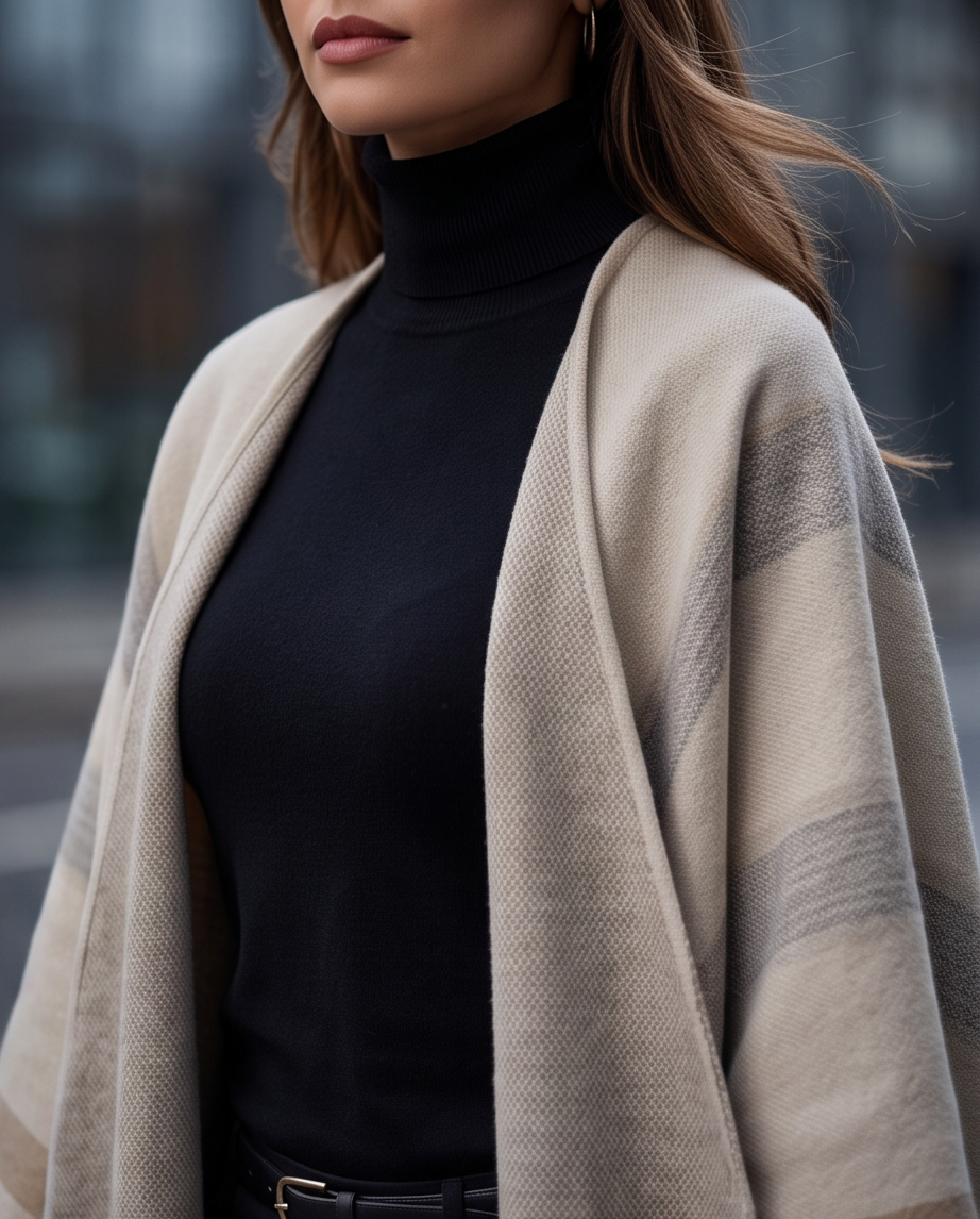 A close-up lifestyle shot of a woman wearing a beige and gray plaid open-front cardigan over a black ribbed turtleneck sweater.