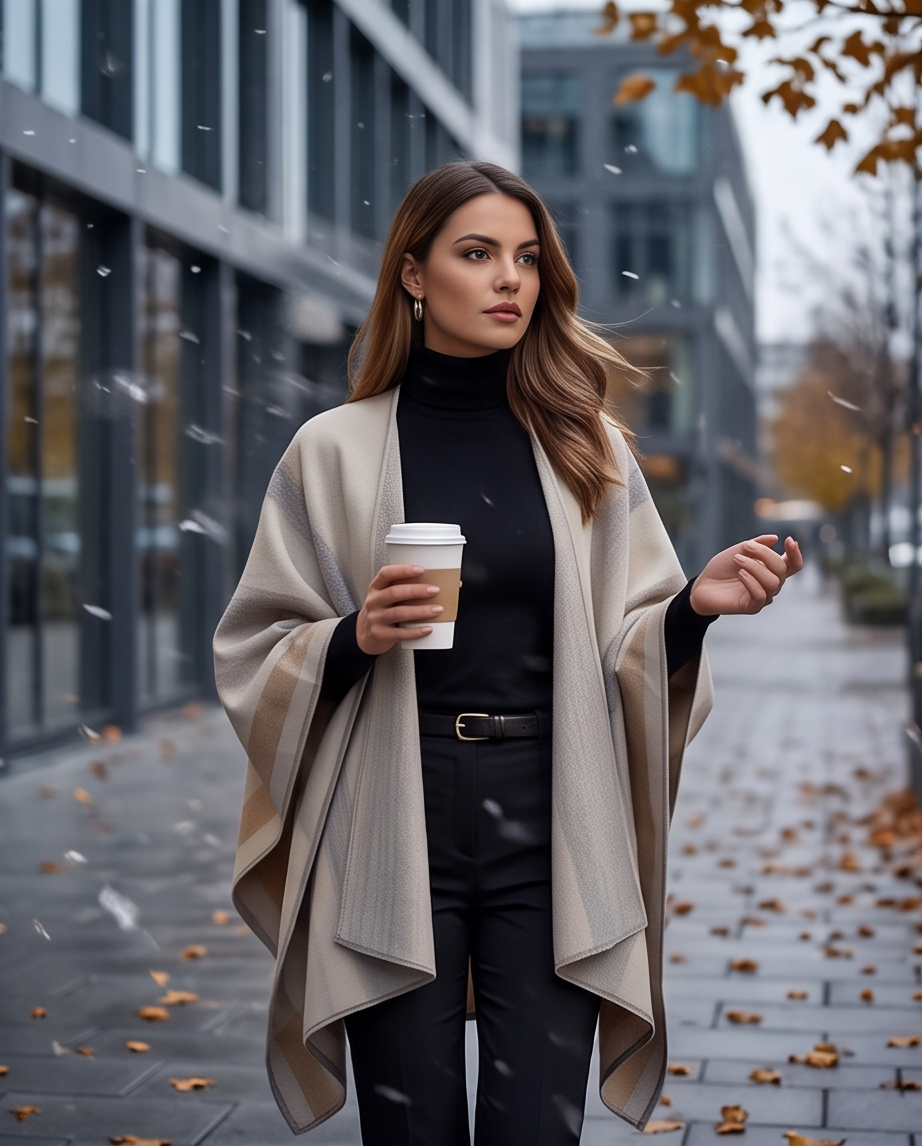 A woman stands on a city sidewalk in the falling snow, wearing a beige striped poncho over a black turtleneck and black pants, holding a coffee cup.