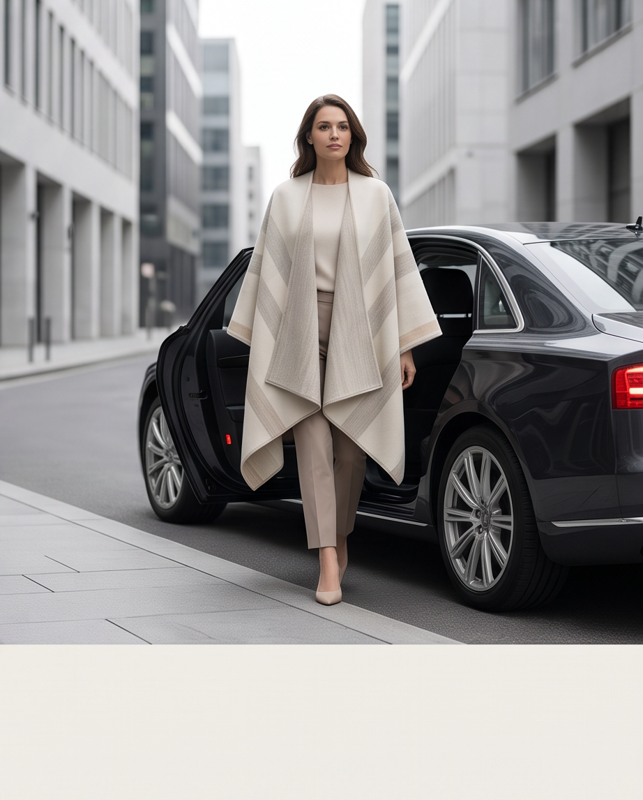 A woman in a beige and cream striped poncho and matching trousers stands beside an open door of a dark luxury sedan on a city street.