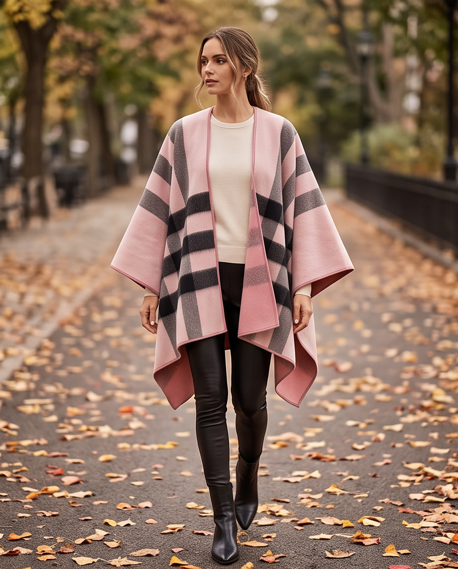 Reversible Pink & Navy Check Poncho Cape