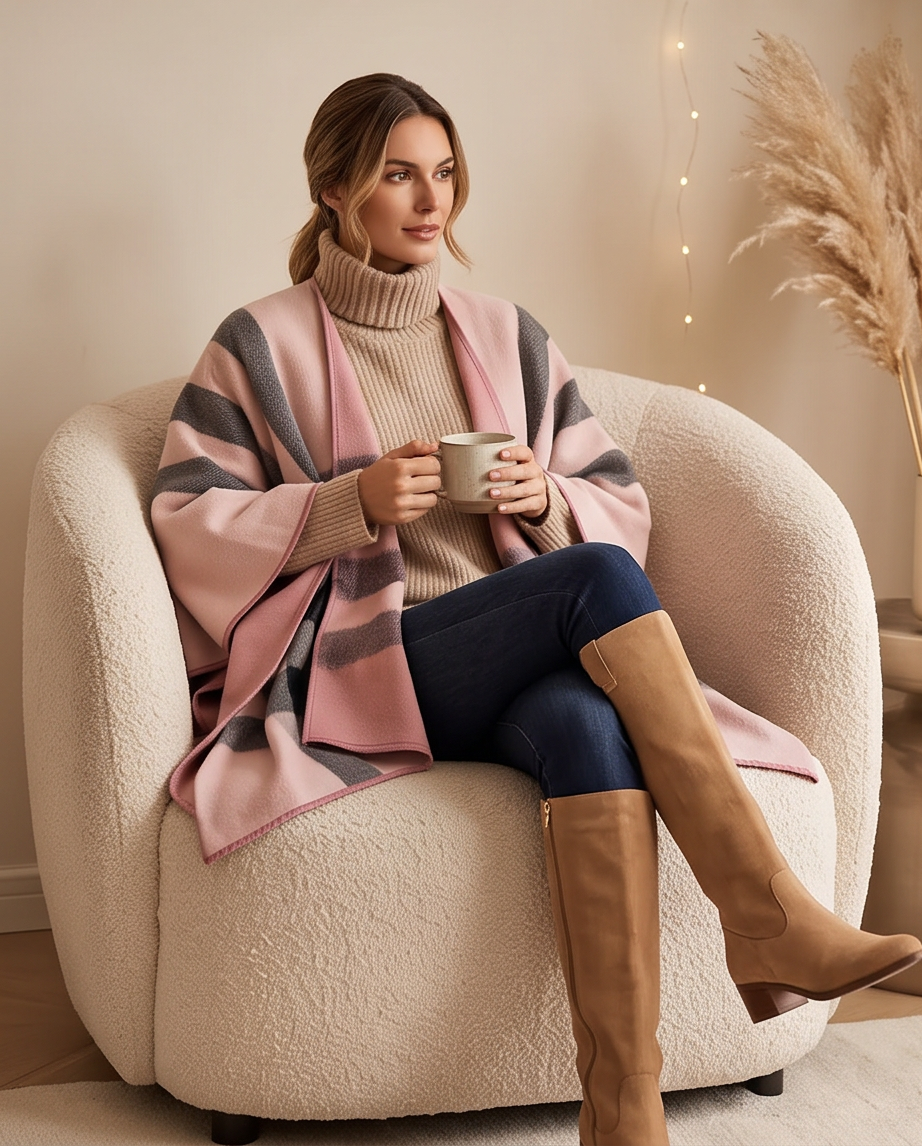 Reversible Pink & Navy Check Poncho Cape