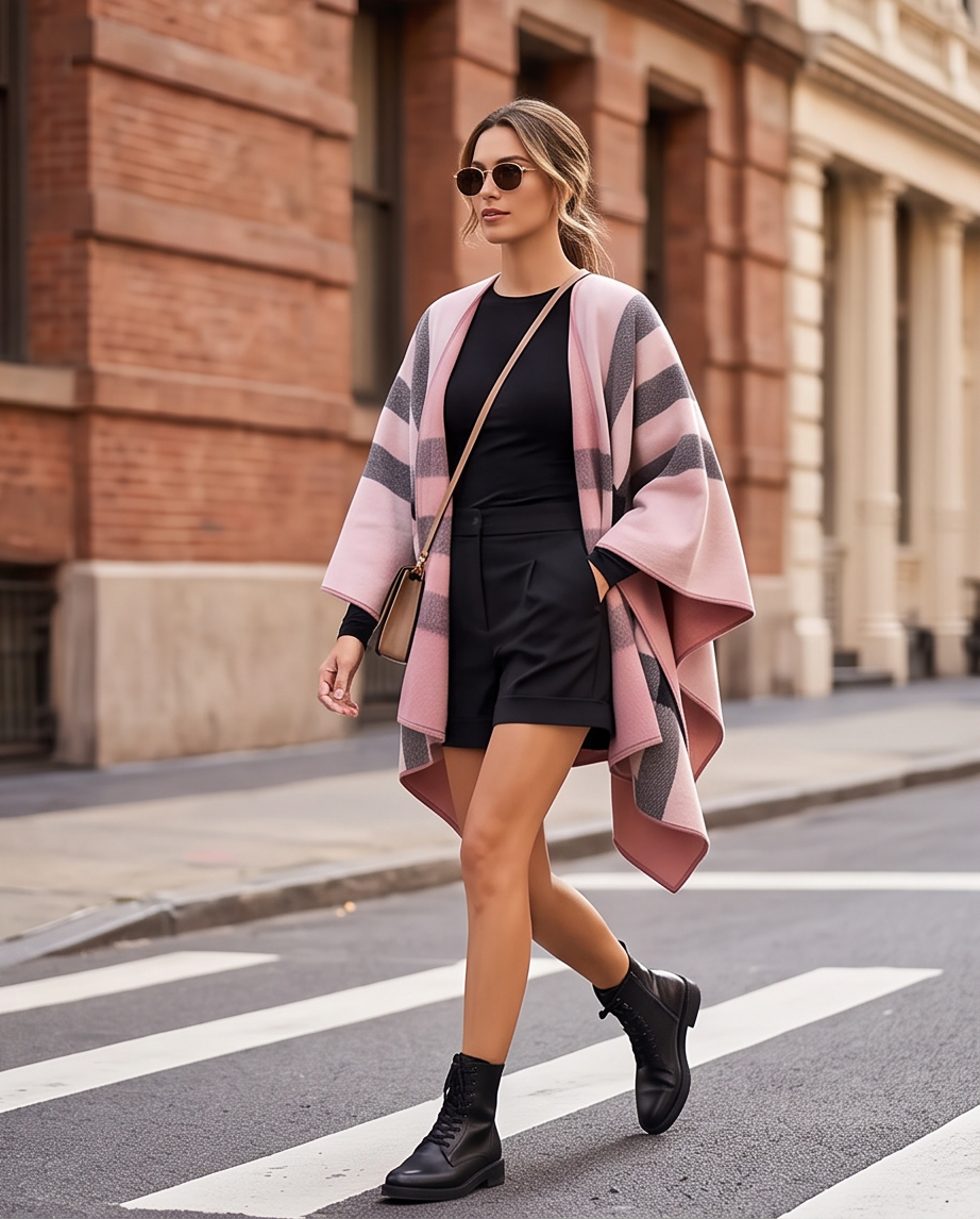 Reversible Pink & Navy Check Poncho Cape