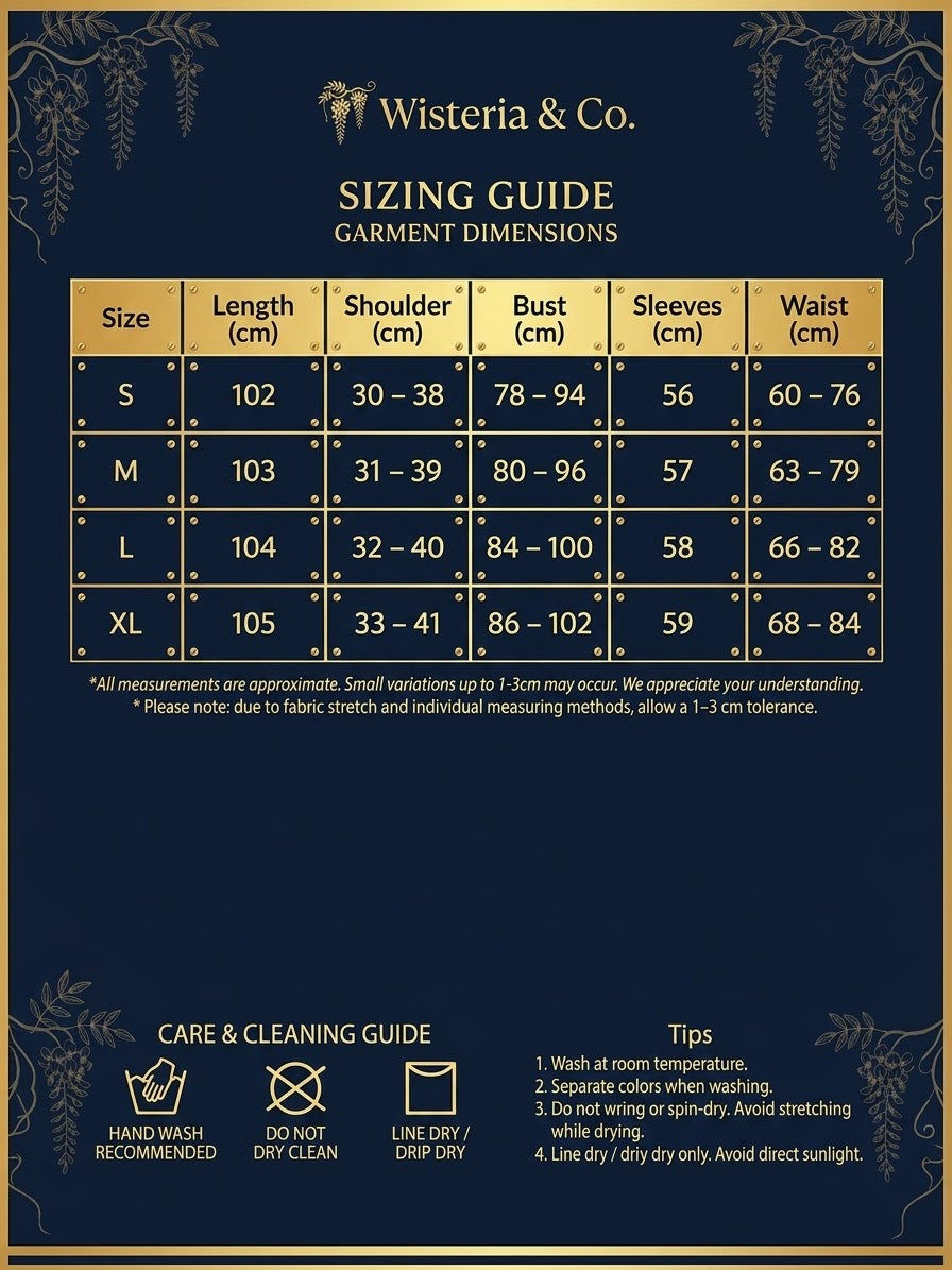 A navy blue and gold sizing guide card for Wisteria & Co. Garment Dimensions, showing a size table from S to XL with length, shoulder, bust, sleeves, and waist measurements, plus care and cleaning tips.