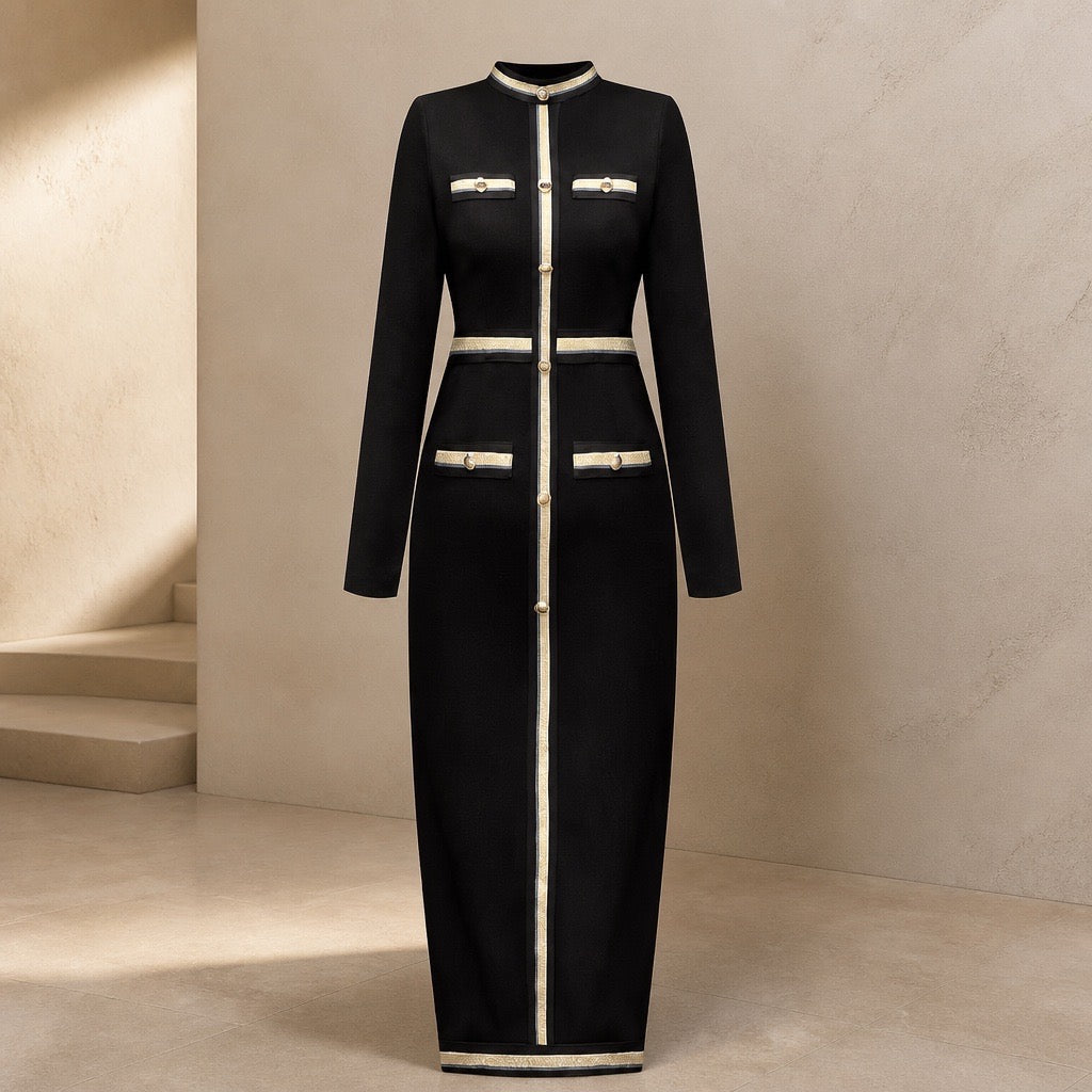 Black Gold-Trim Knit Midi Dress - model wearing knee-length version with ankle boots