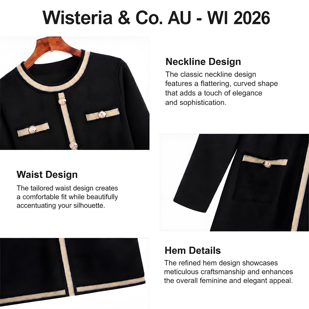 Black Gold-Trim Knit Midi Dress - close up of gold crest button and knit trim detail