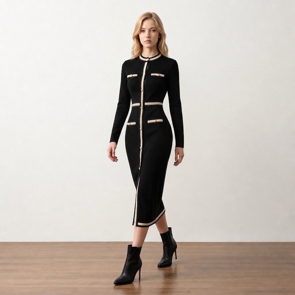 Black Gold-Trim Knit Midi Dress - back view showing zip and gold waist band