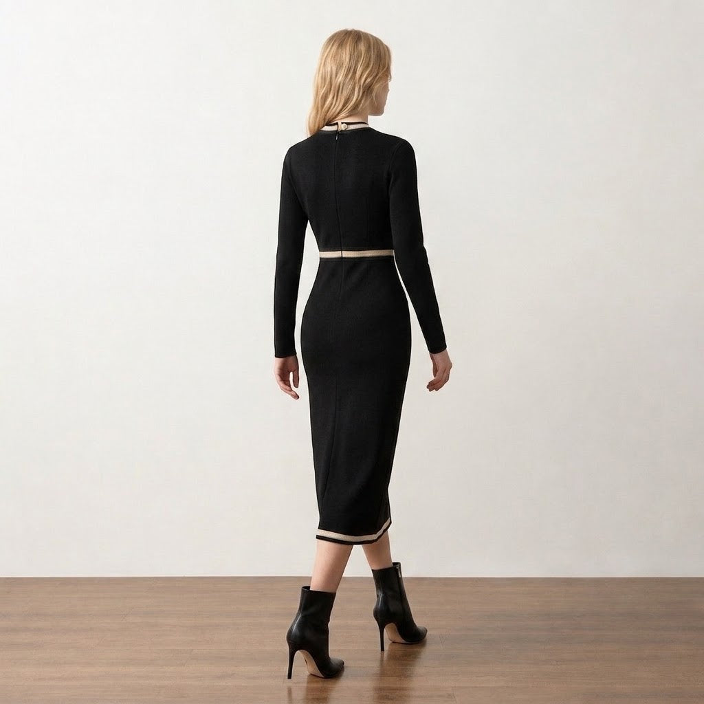 Black Gold-Trim Knit Midi Dress - model front view with ankle boots